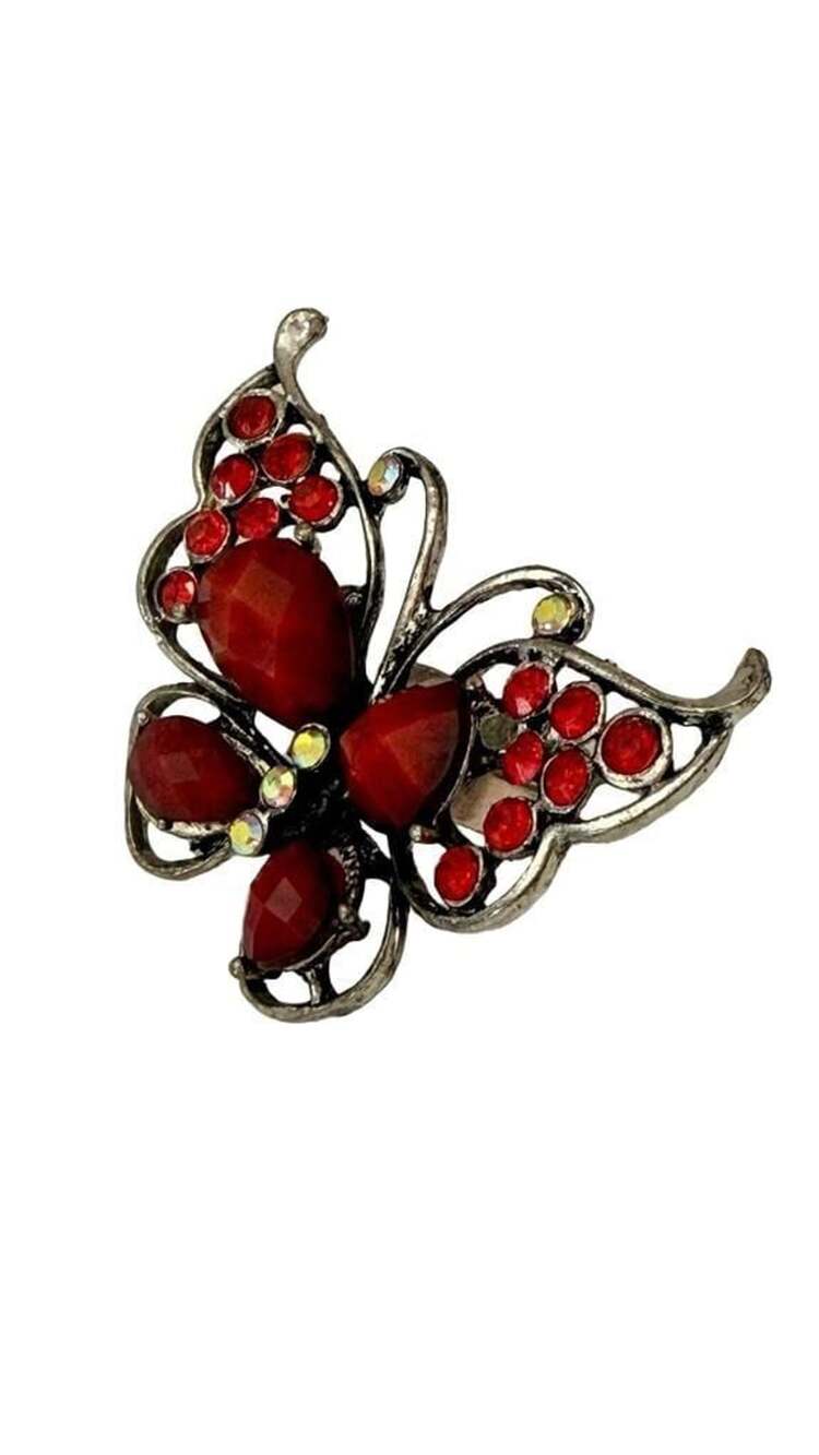 Vintage Silver Tone Red Rhinestone Butterfly Ring Adjustable